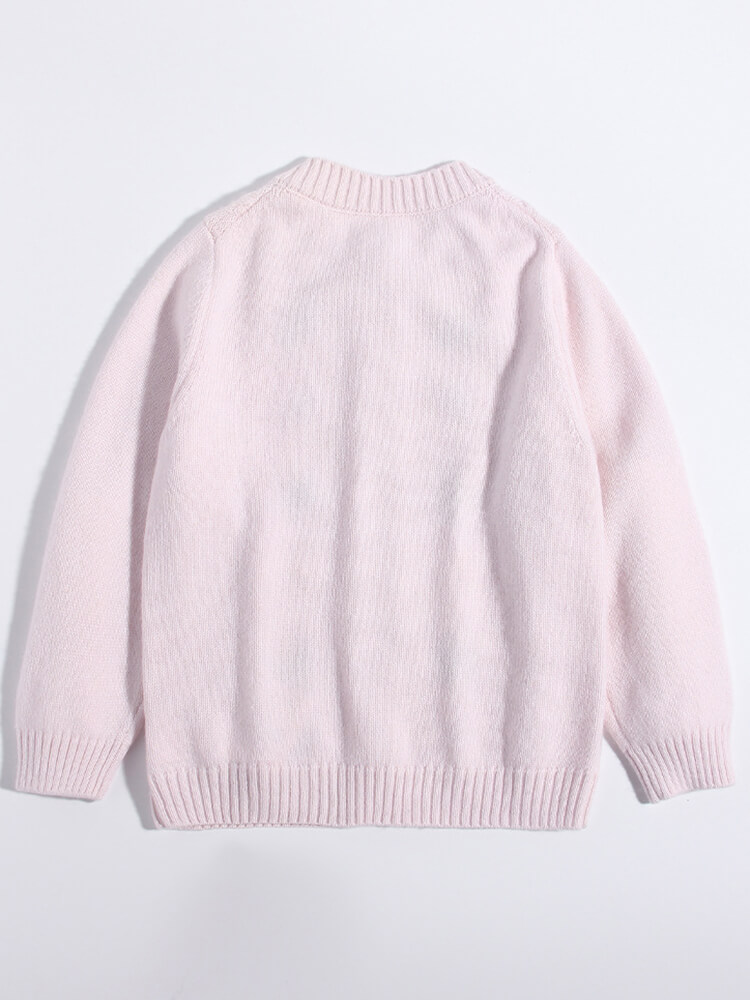 Girls Light Pink Floral Embroidered Cable Knit Cashmere Cardigan